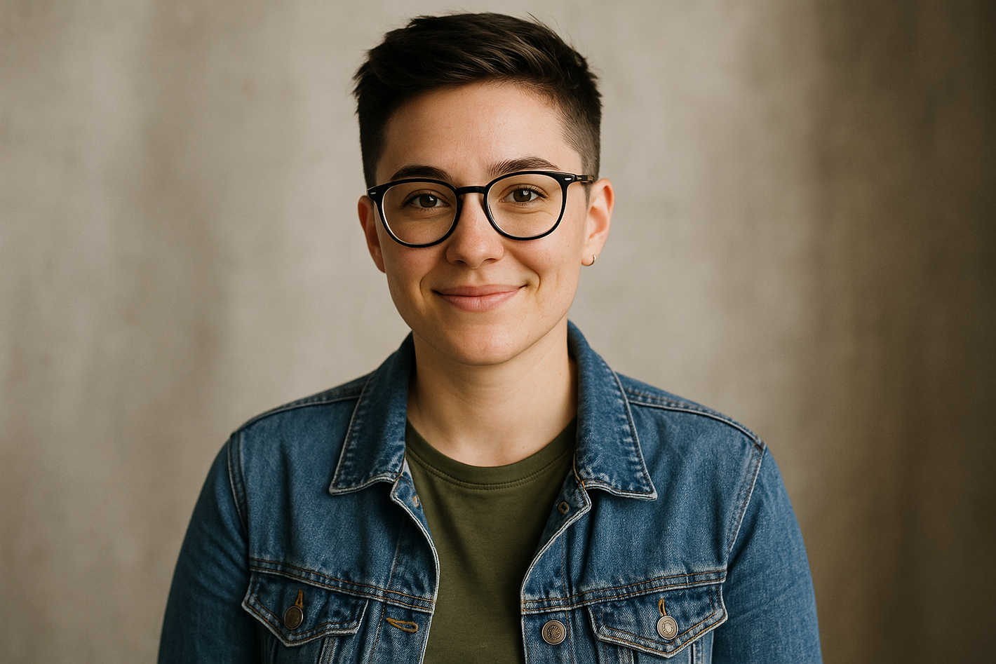 young lesbian woman with short hair and glasses