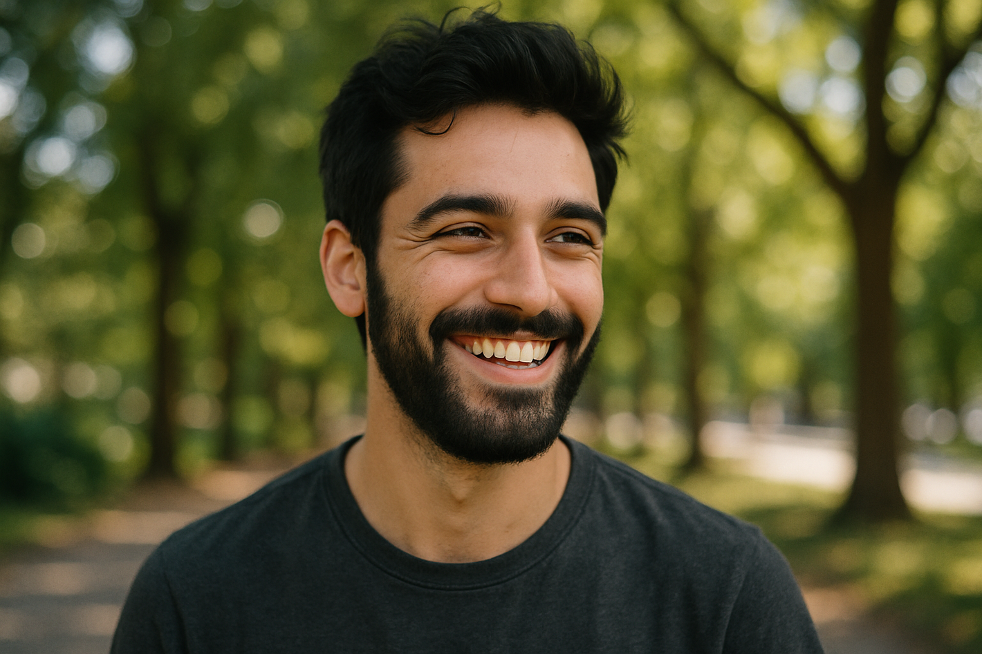 young man with black hair and beard outdoors, smiling, candid
